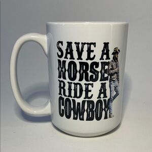 ⭐️NWOT YELLOWSTONE RIP White Mug w Quirky Cowboy Caption | TV Song Rodeo Ranch